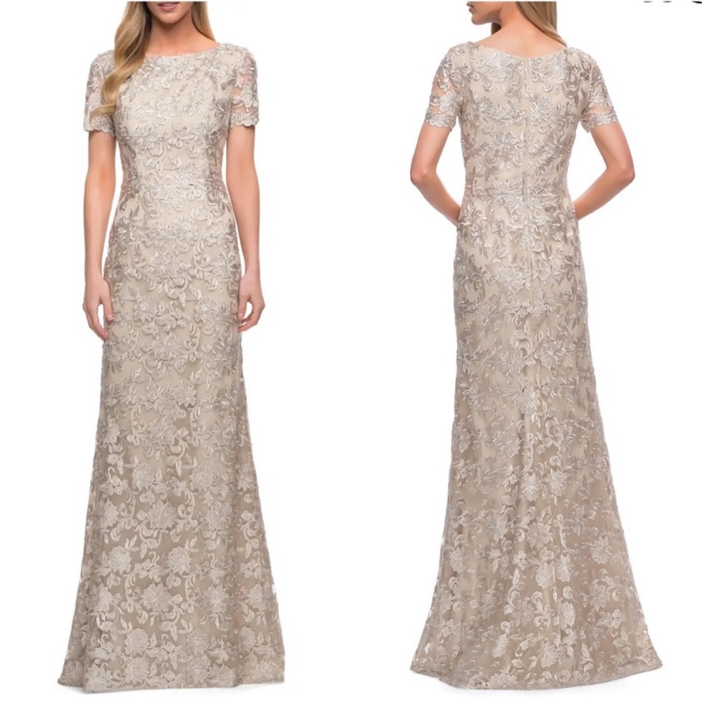 La Femme Lace Short Sleeve Sheath Champagne Gown